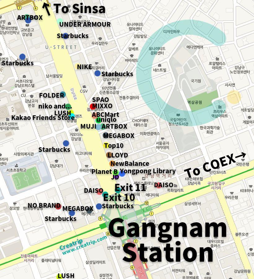 Map of Gangnam district highlighting underground shopping malls and diverse retail outlets along Gangnam’s bustling streets.